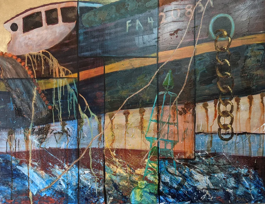Heading Out, a mixed media painting of a boat by Kate Belton