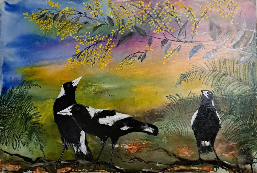 Magpies, a gallery canvas painting by Helen Bull